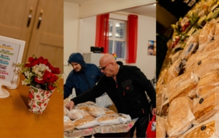 Archive montage of Pathway’s community work, including food donations, prepared meals and volunteers serving food.