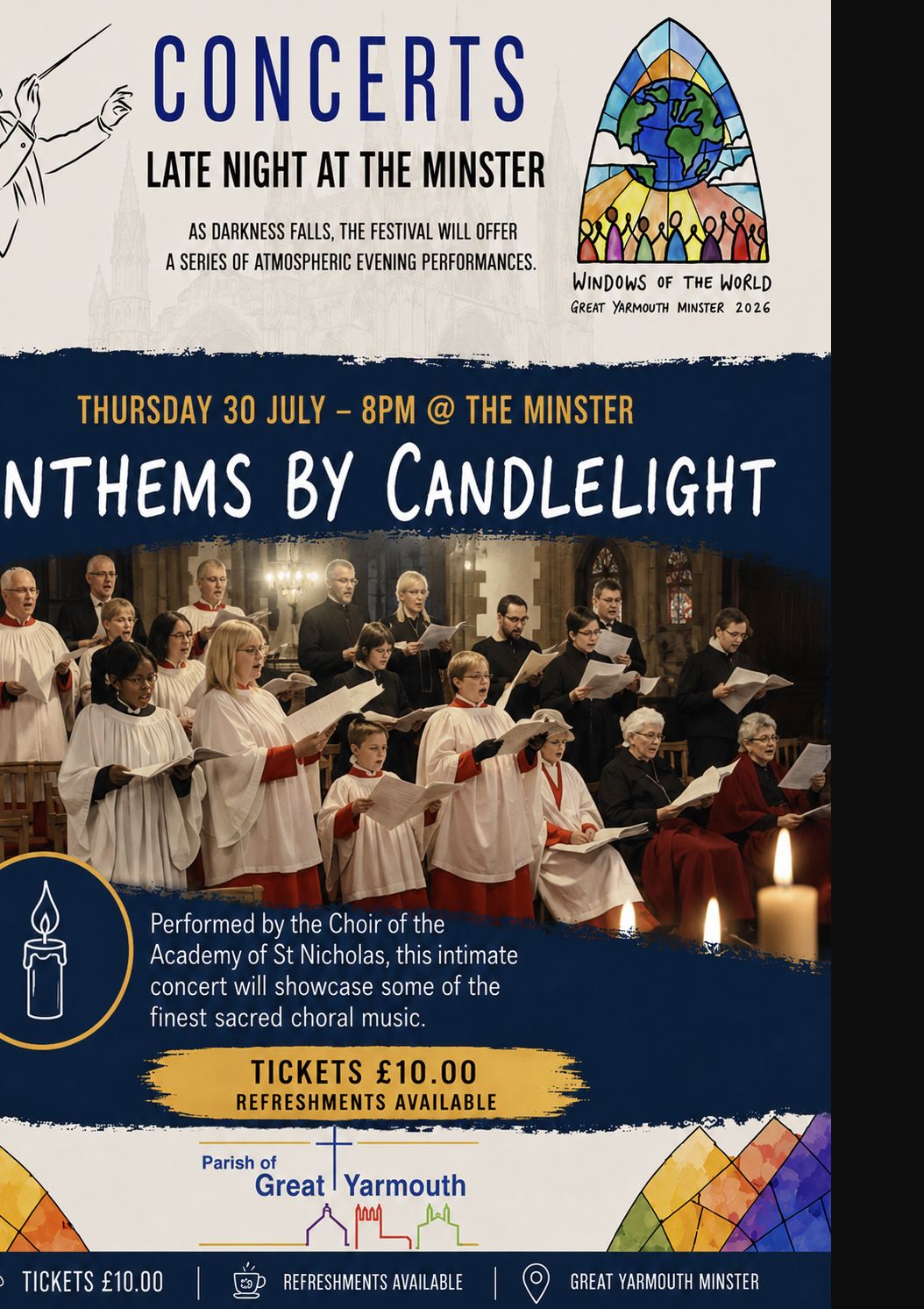 Poster for Anthems by Candlelight at Great Yarmouth Minster on Thursday 30 July at 8pm