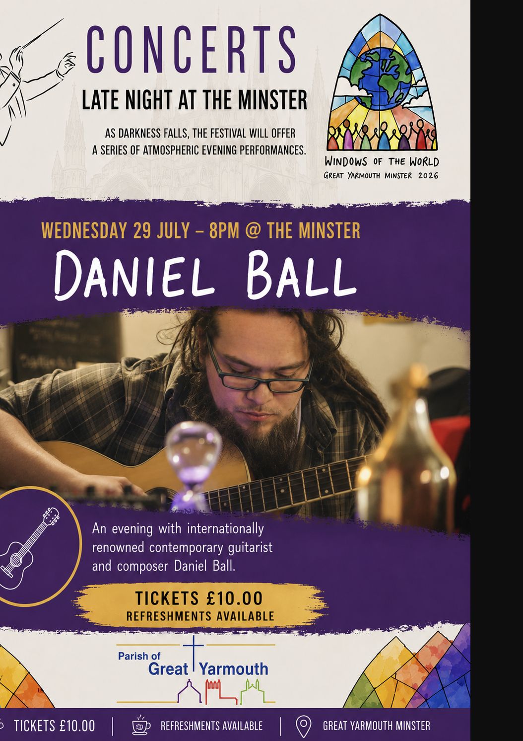 Poster for Daniel Ball in concert at Great Yarmouth Minster on Wednesday 29 July at 8pm
