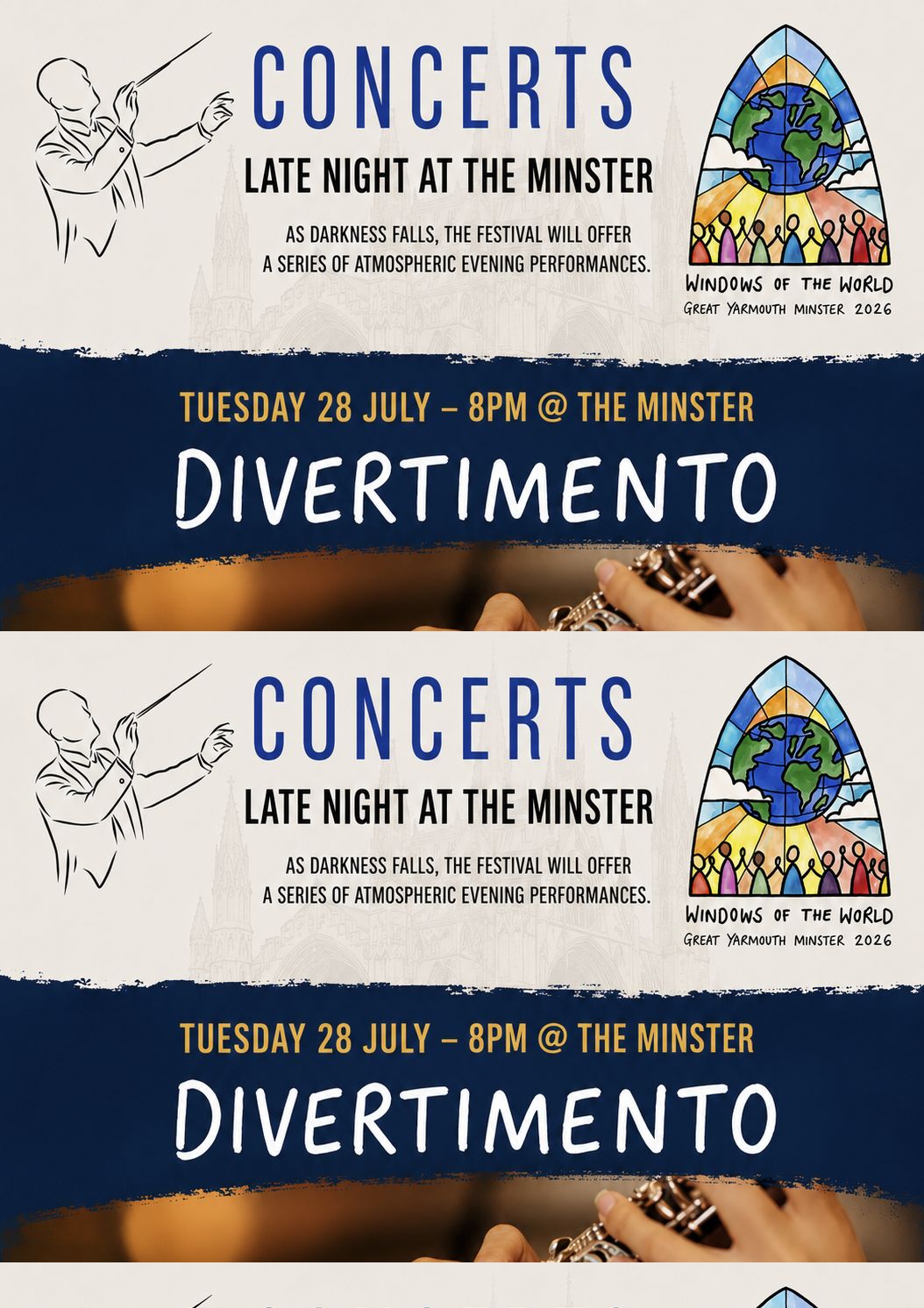 Poster for the Divertimento concert at Great Yarmouth Minster on Tuesday 28 July at 8pm