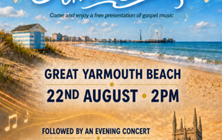 Gospel on the Beach flyer: Great Yarmouth Beach at 2pm and Great Yarmouth Minster concert at 6pm on 22 August 2026
