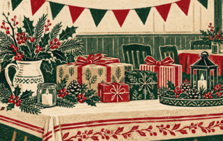 Linocut illustration of wrapped gifts, winter greenery and bunting in a church hall.