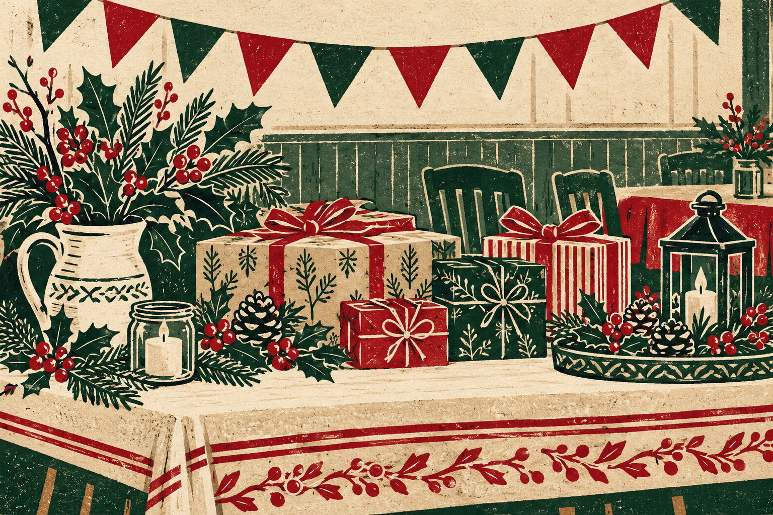Linocut illustration of wrapped gifts, winter greenery and bunting in a church hall.