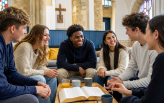 Young people discussing Christian faith together around an open Bible