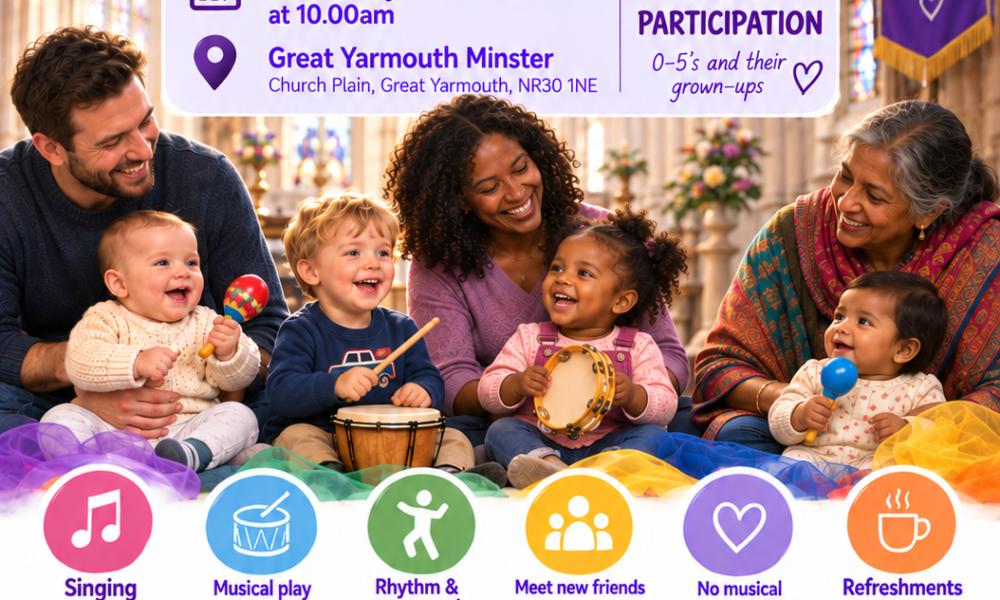Small Sounds: free music, singing and play for ages 0–5 and their grown-ups at Great Yarmouth Minster, starting 7 October 2026 at 10am.