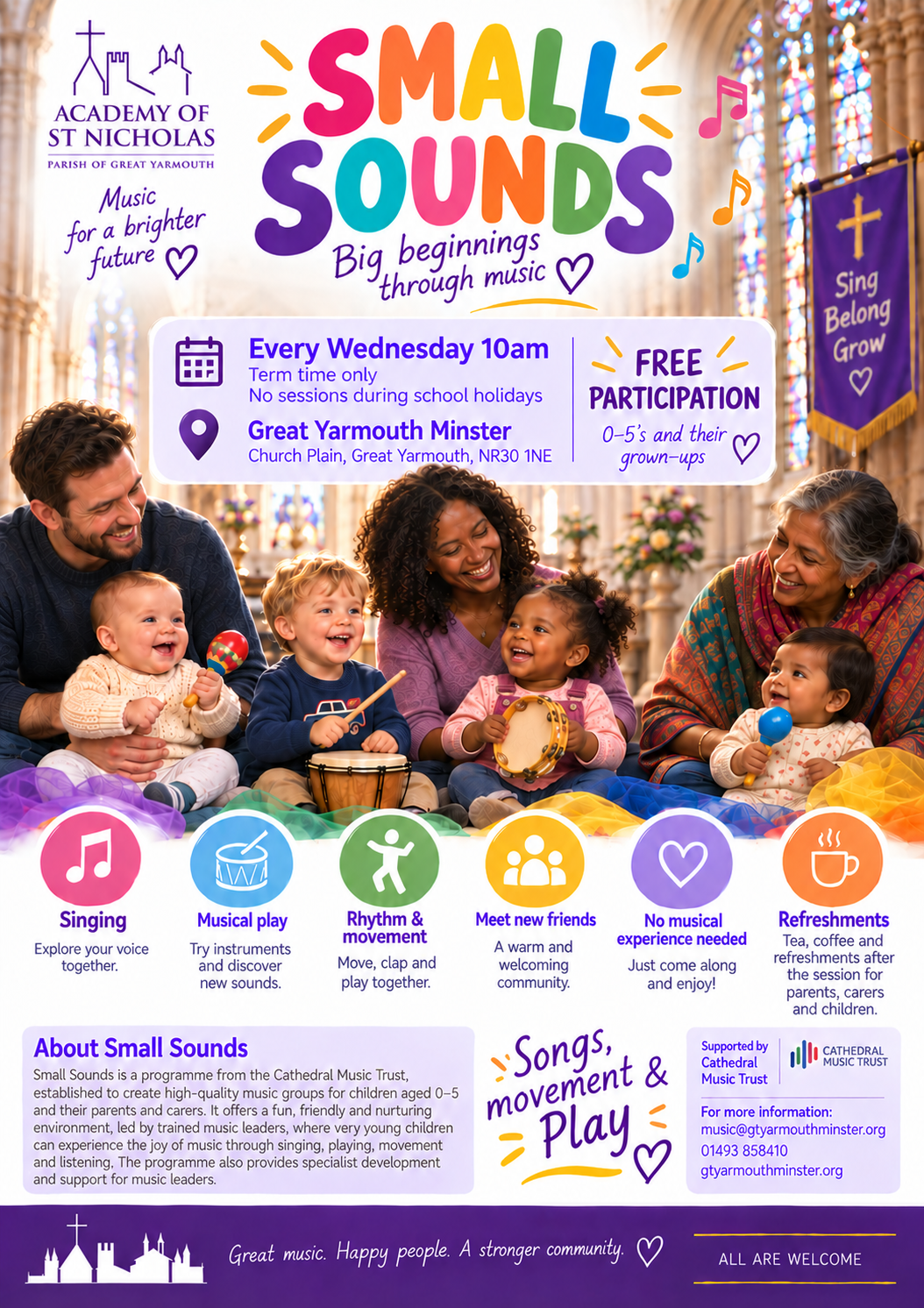 Small Sounds: free music for ages 0–5 and their grown-ups, Wednesdays at 10am at Great Yarmouth Minster during term time only.