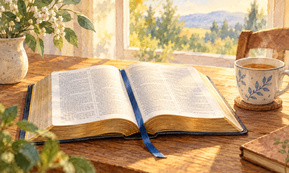 Watercolour illustration of an open Bible with a blue bookmark and a cup of tea.