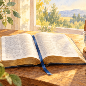 Watercolour illustration of an open Bible with a blue bookmark and a cup of tea.