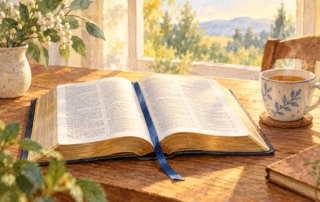 Watercolour illustration of an open Bible with a blue bookmark and a cup of tea.