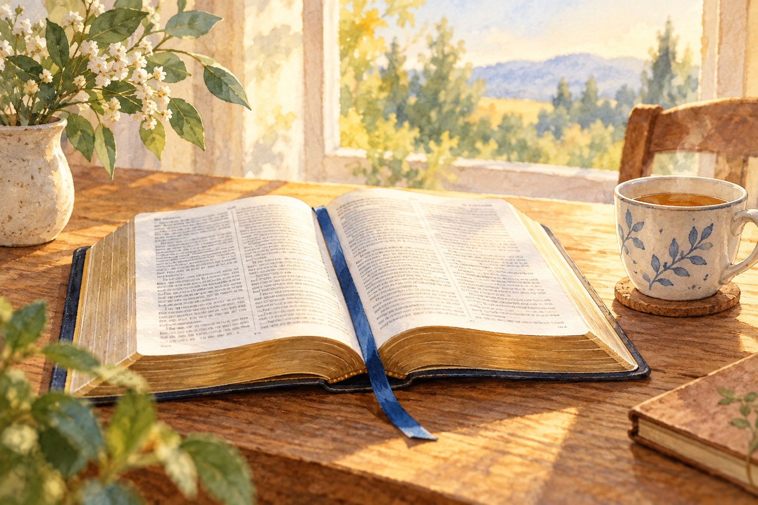 Watercolour illustration of an open Bible with a blue bookmark and a cup of tea.