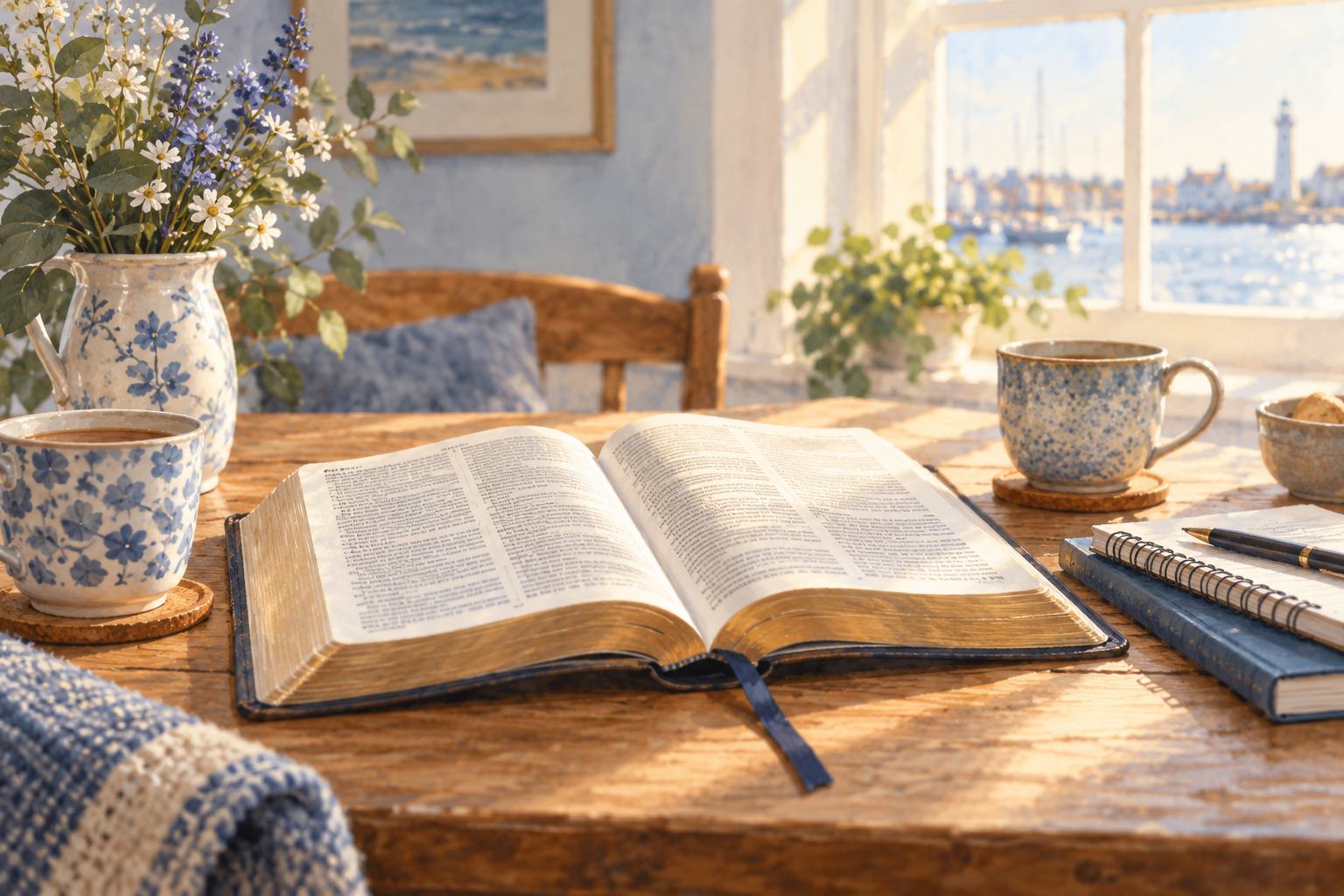 Illustration of an open Bible, cups of tea and notebooks on a sunlit wooden table.